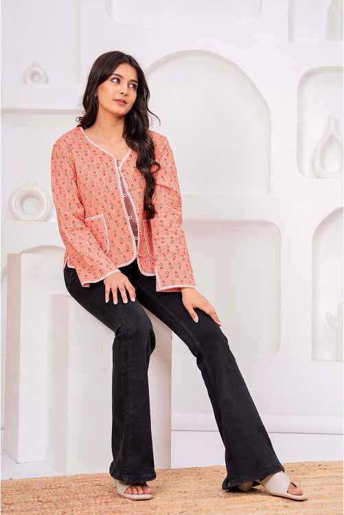 Indian Handmade Peach Floral Print Cotton Jacket